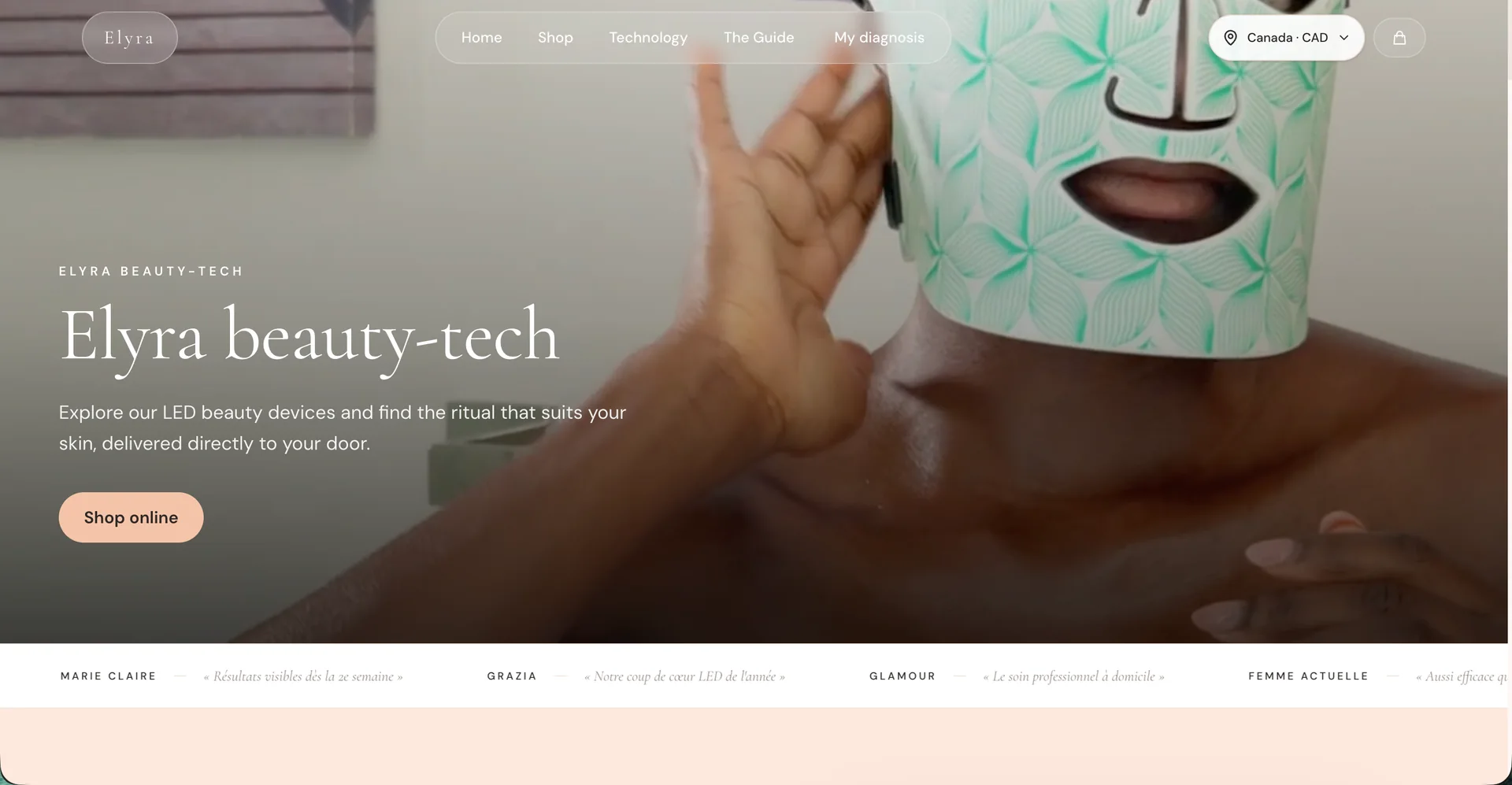 Elyra beauty-tech storefront homepage featuring an LED skincare mask