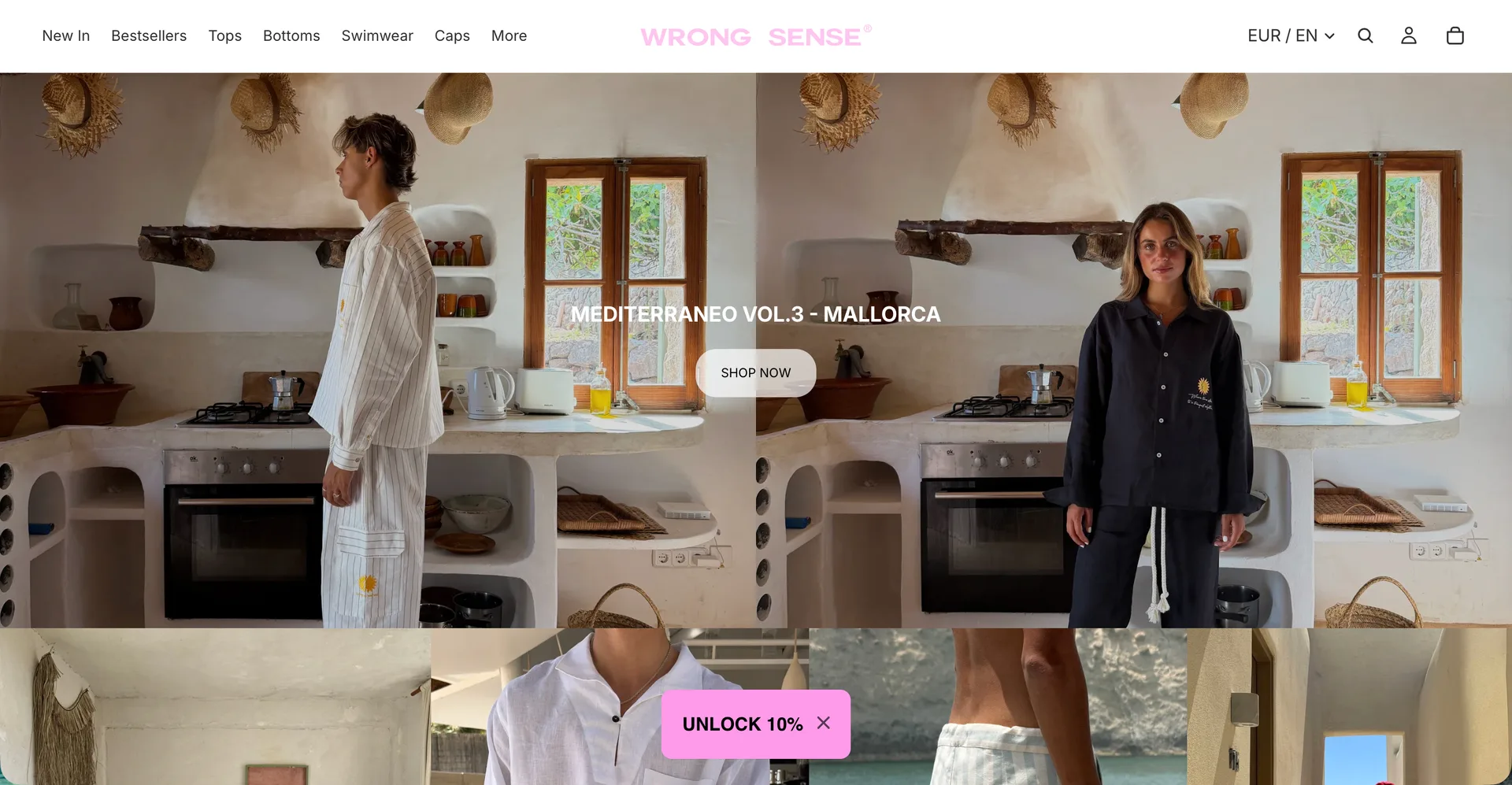 Wrong Sense storefront: a split editorial shot of two models wearing the Mediterraneo Vol.3 Mallorca collection, over a shop-now call to action