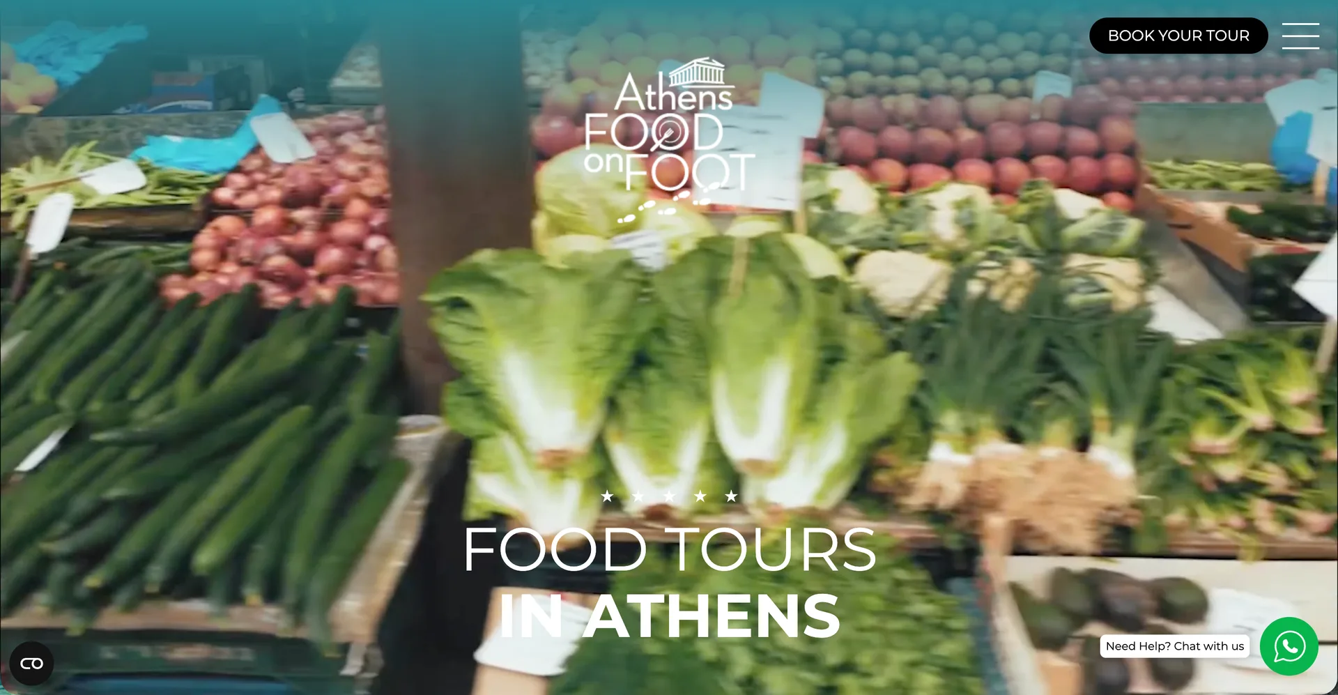 Athens Food on Foot homepage: a market stall stacked with vegetables behind the words Food Tours in Athens and a book-your-tour button