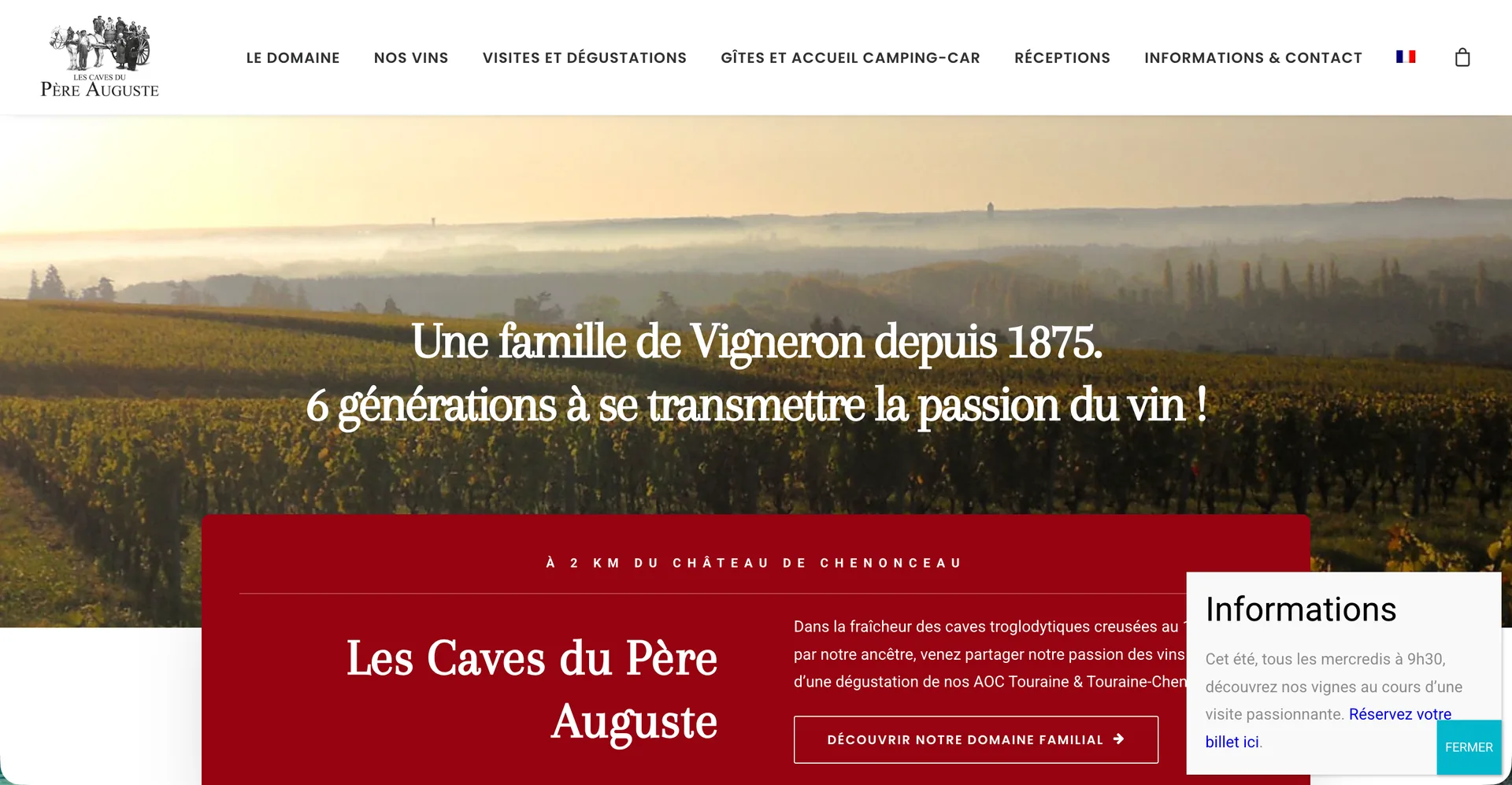 Les Caves du Père Auguste homepage: vines at sunrise under the line six generations of winegrowers since 1875, beside tasting and stay navigation