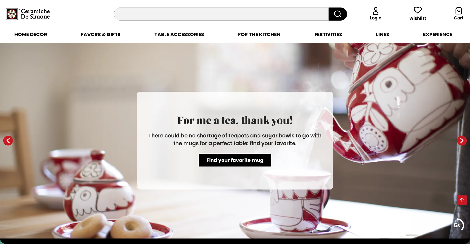 Ceramiche De Simone storefront: hand-painted red and white teapots and mugs on a laid table, over an invitation to find your mug