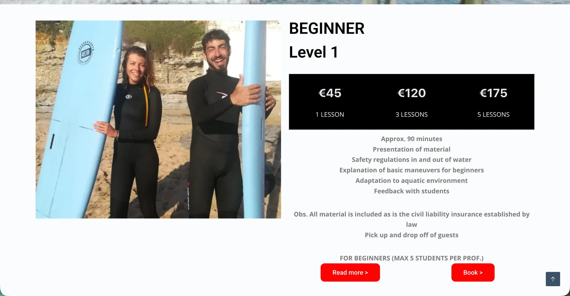 Ericeira Sense beginner course page: two coaches in wetsuits holding surfboards beside a pricing table for one, three and five lessons, with what the level covers