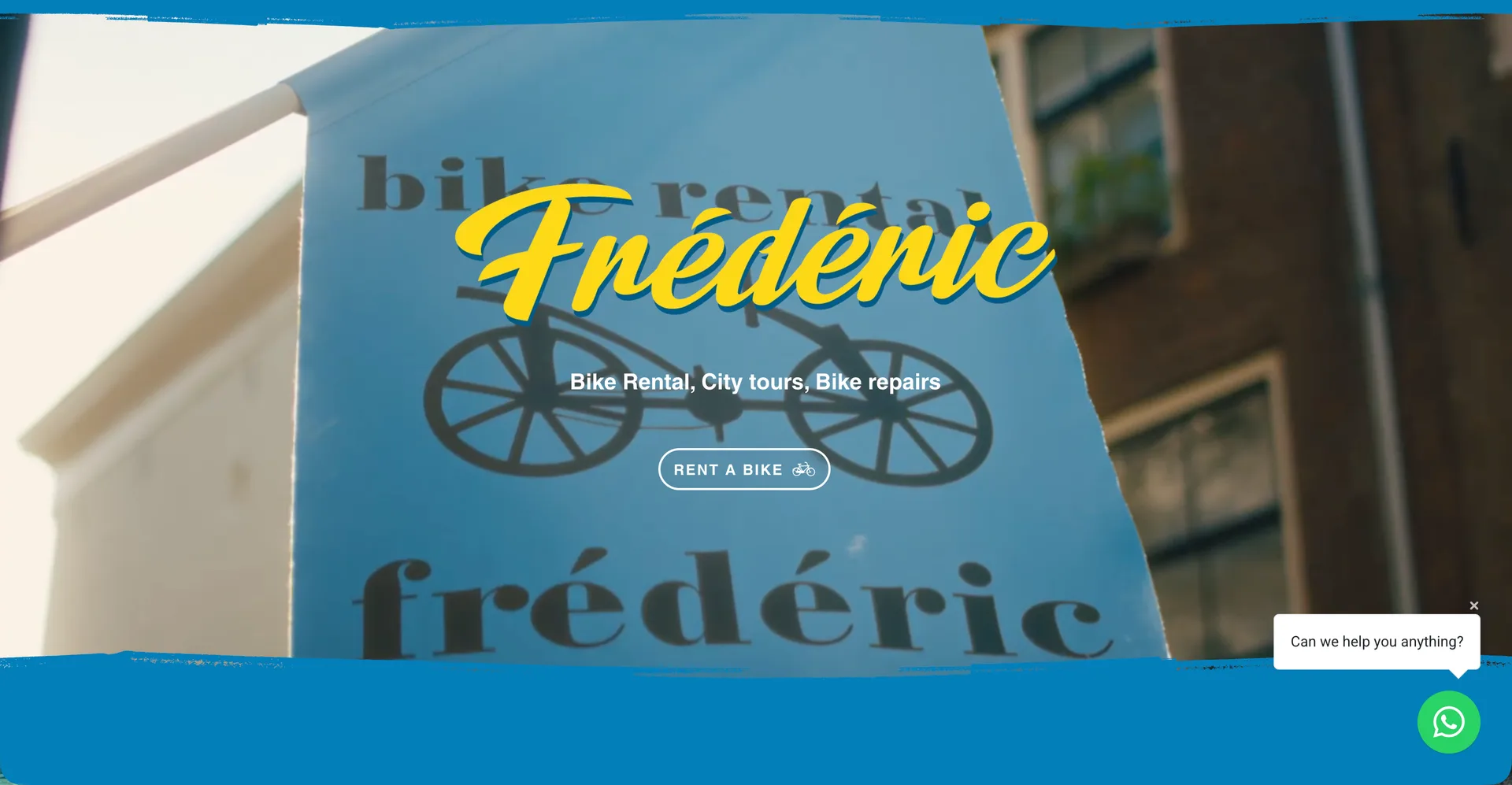 Frédéric Rent a Bike homepage: the shop's painted bicycle banner over the line bike rental, city tours, bike repairs and a rent-a-bike button