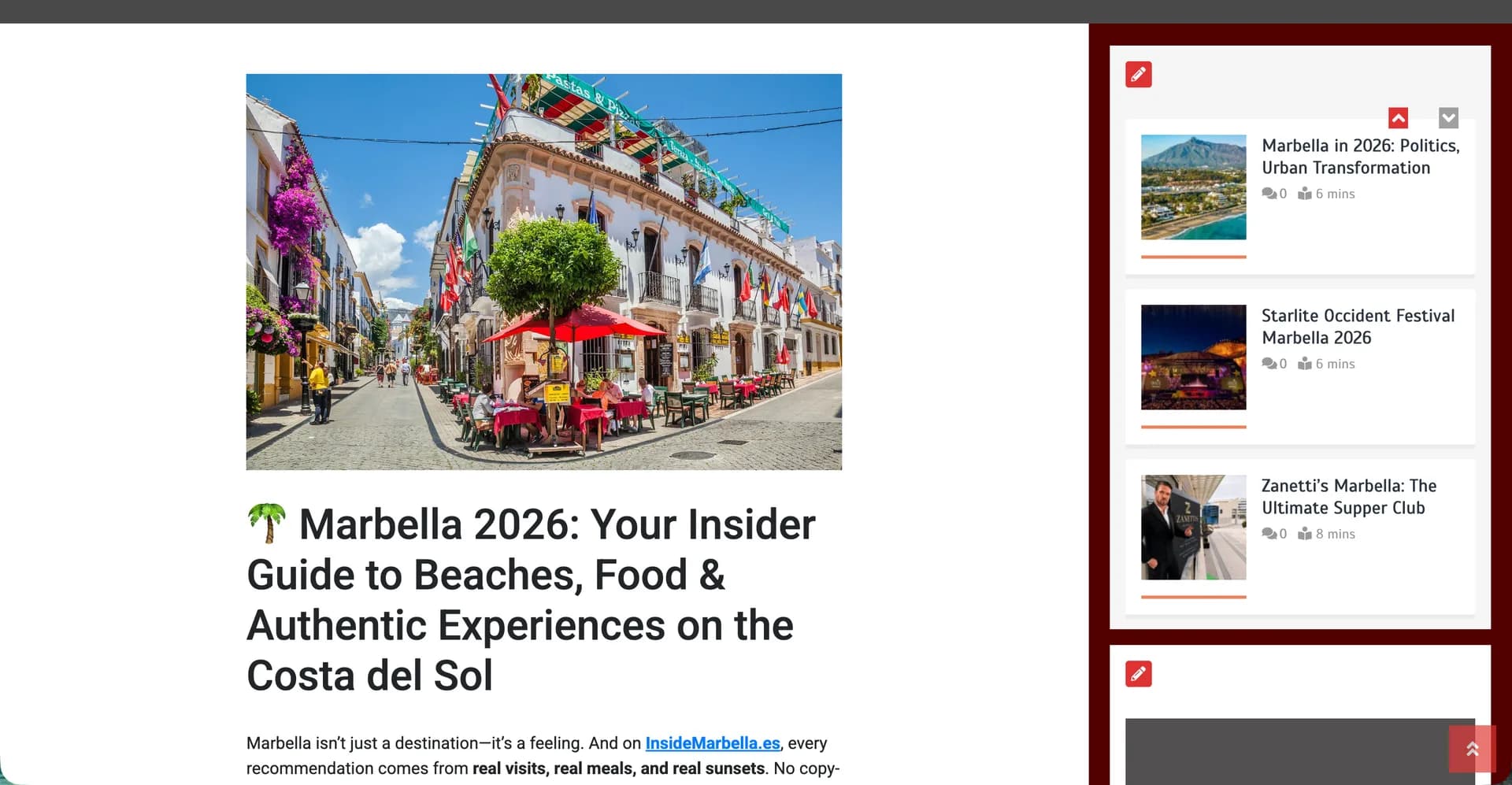 Inside Marbella editorial: a guide to Marbella opening on a flower-lined old-town street, beside a sidebar of related articles